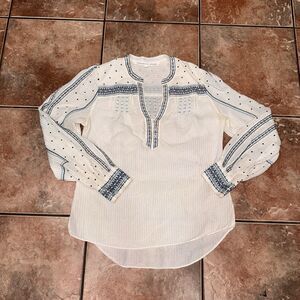 Veronica Beard Carta Embroidered Top Cream Blue Size 6 Small Boho Shirt Blouse